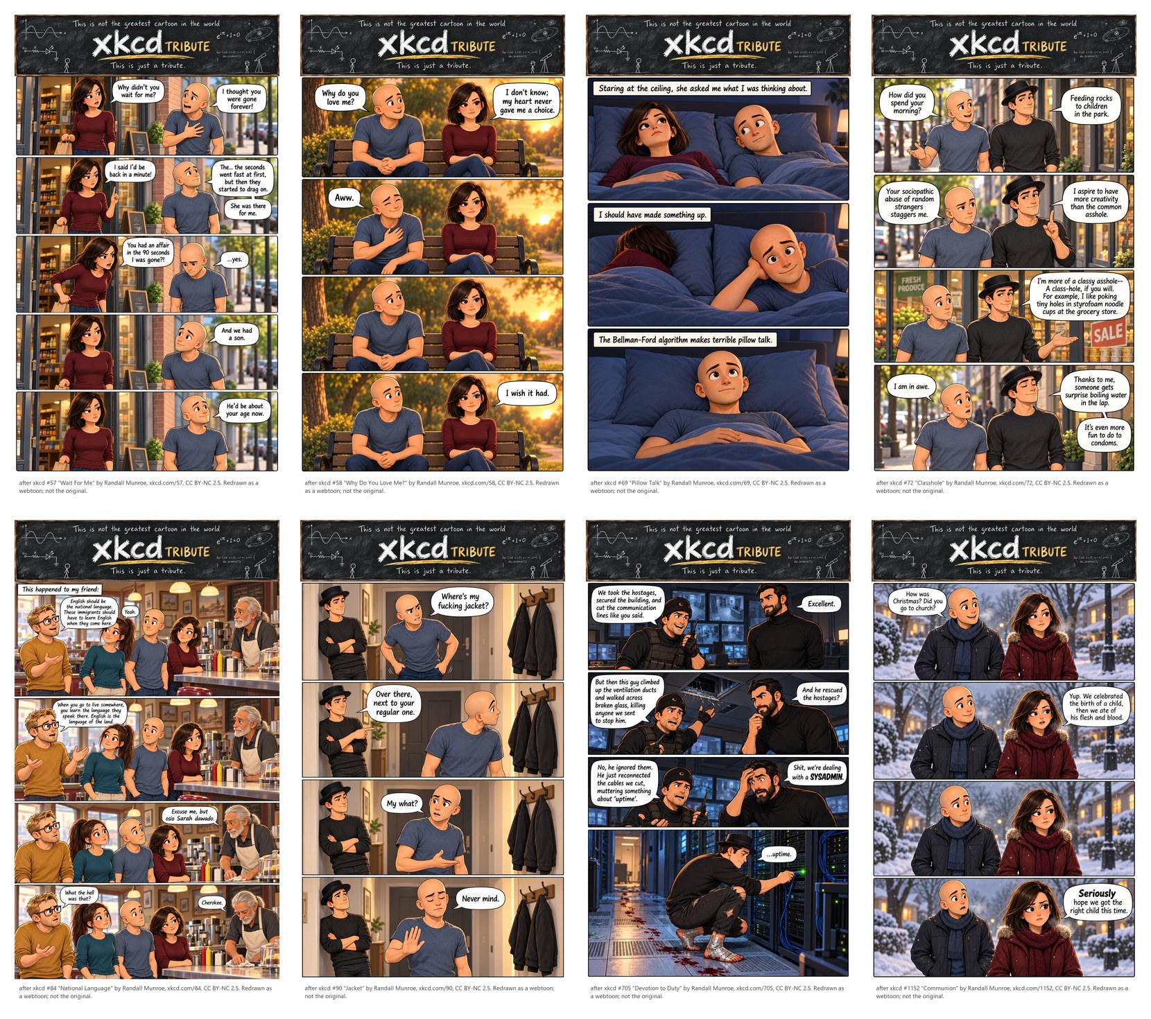 Eight redrawn xkcd strips in a grid, each with an xkcd credit footer