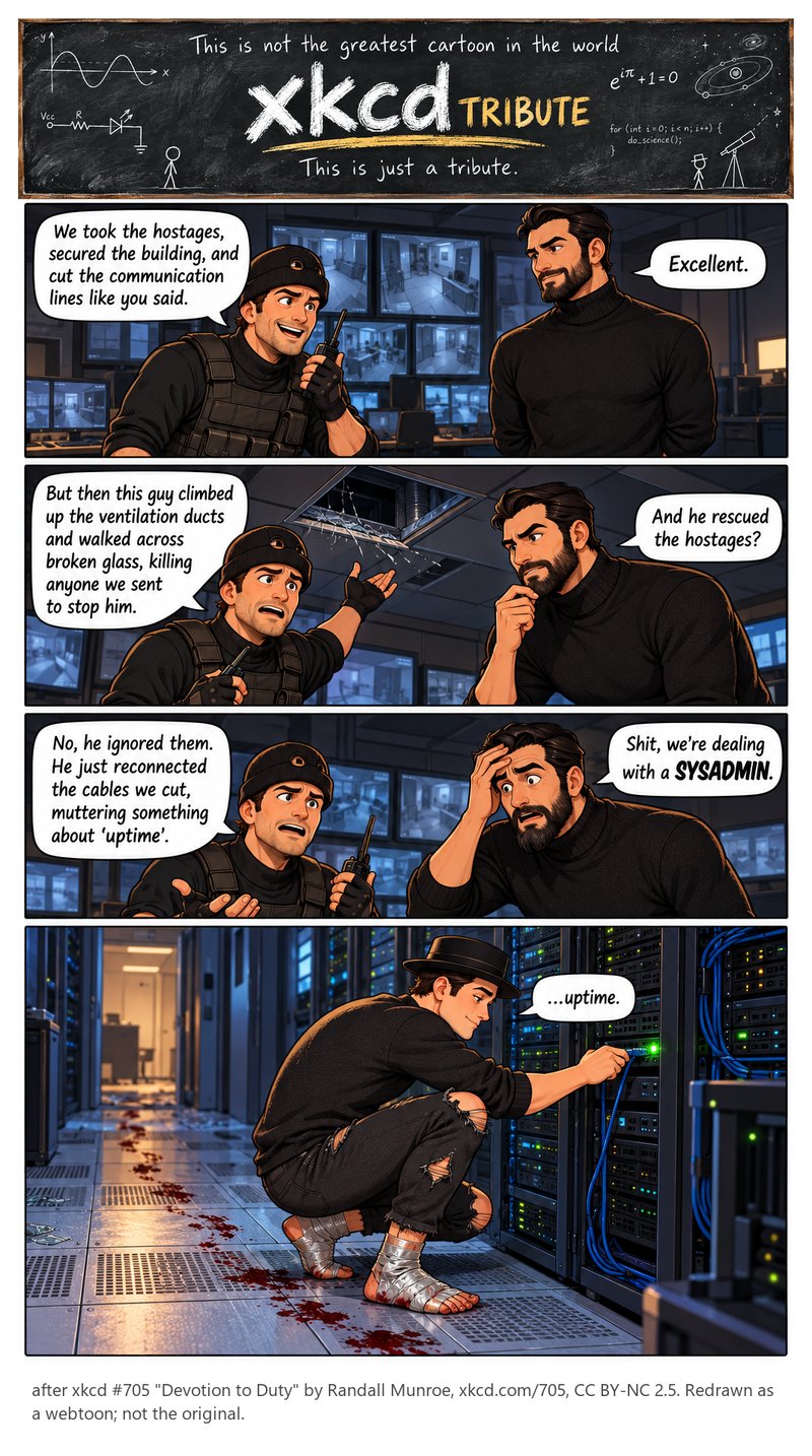 705 Devotion to Duty redrawn: two hostage takers in a control room, then Black Hat in a server room with duct-taped feet plugging a cable back in