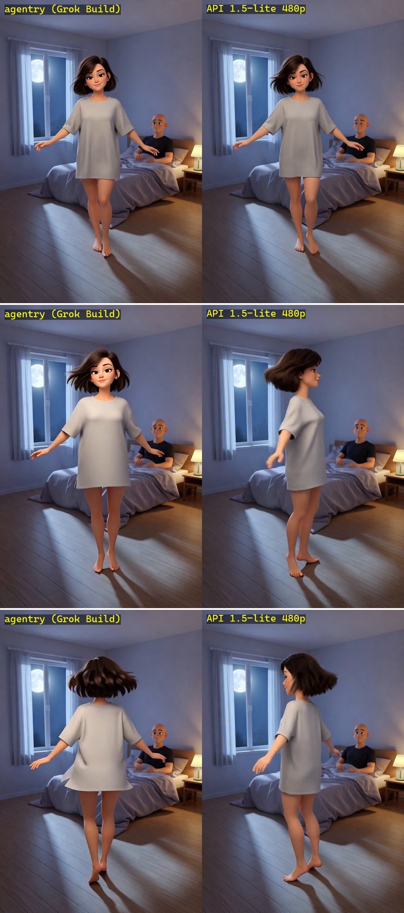 Same key frame, same prompt: agentry's clip and the API's clip at three timestamps