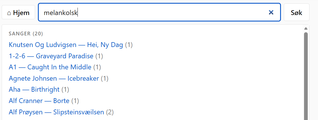 NorTabs search for "melankolsk" — semantic enrichment surfaces songs that don't contain the literal word anywhere in their lyrics or title