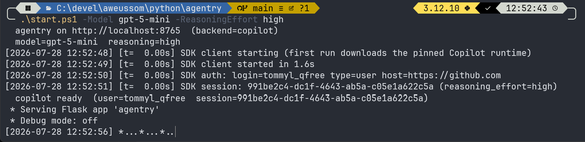 Agentry startup: the SDK client starts in under two seconds, reports the authenticated login, opens a session, and settles into an idle heartbeat. Every subsequent request lands on the same warm process.