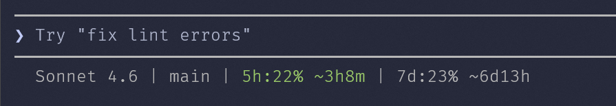 Claude Code status line on Windows 11 showing quota