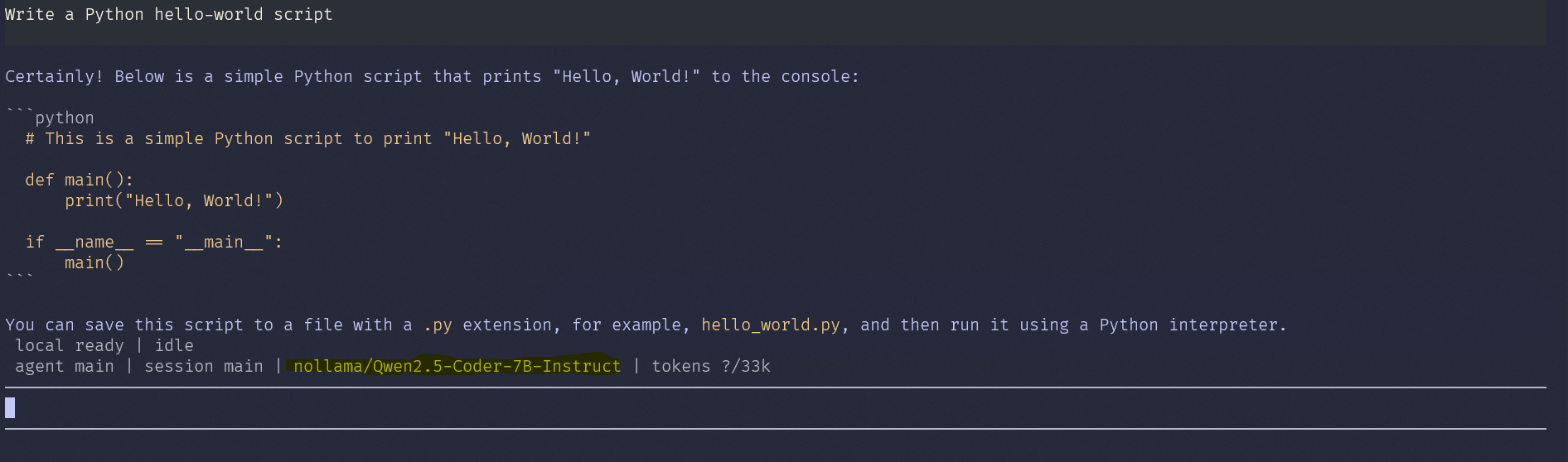 OpenClaw writing a Python hello-world script on request, running entirely on local Intel hardware